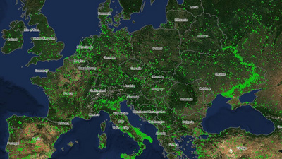 Zu sehen ist eine Satellitenkarte von Europa mit Waldbränden im Juni 2026