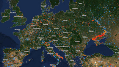 Zu sehen ist eine Satellitenkarte von Europa mit Waldbränden im Juni 2026