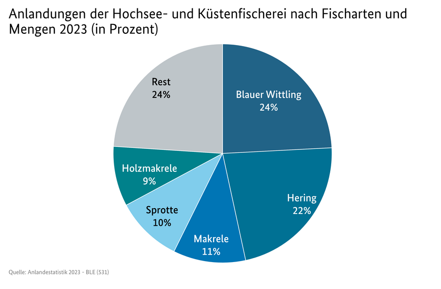 Kreisdiagramm: Anlandungen der Hochsee- und Küstenfischerei in Deutschland nach Fischarten und Mengen