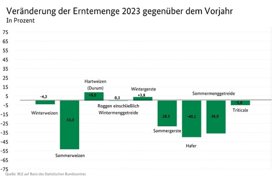 Balkendiagramm: Veränderung der Getreideernte 2023 zum Vorjahr