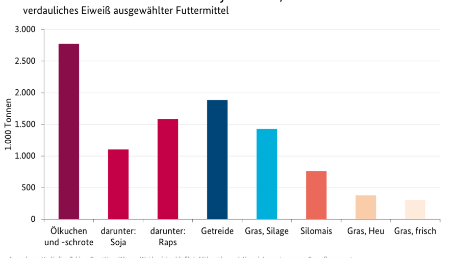 Ausgewählte Futtermittel am Gesamtaufkommen an verdaulichem Eiweiß im Wirtschaftsjahr 2020/21 (vl.) werden als Säulendiagramm dargestellt. Die Daten können aus der Tabelle "Tabellenübersicht Futteraufkommen 2020/21 (vorläufig)" entnommen werden.