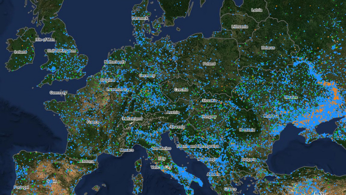 Zu sehen ist eine Satellitenkarte von Europa mit Waldbränden im August 2026