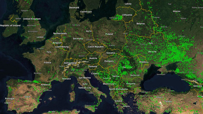 Zu sehen ist eine Satellitenkarte von Europa mit Waldbränden im März 2024