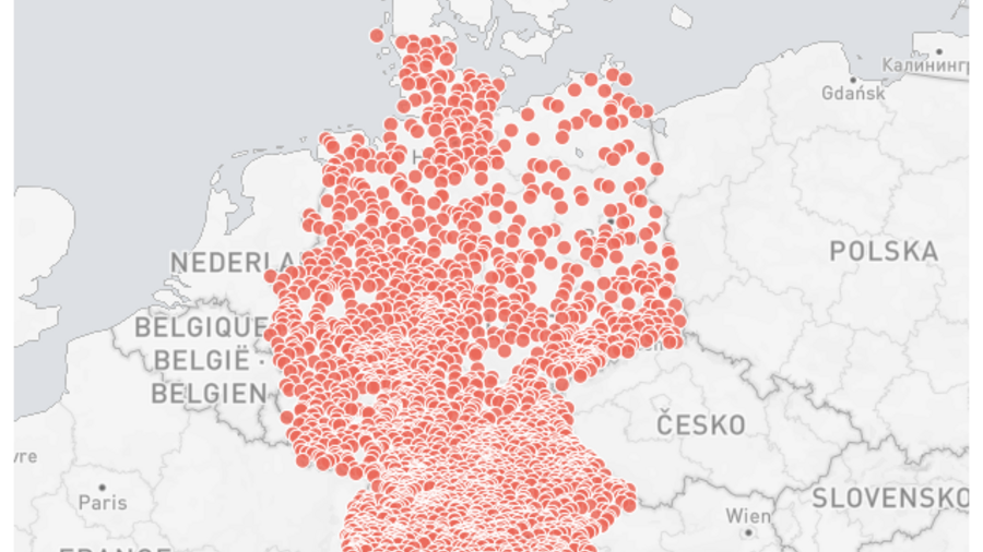 Deutschlandkarte mit regionalen Markierungen von Betrieben mit einer Zulassung zum Schlachten von Schweinen.