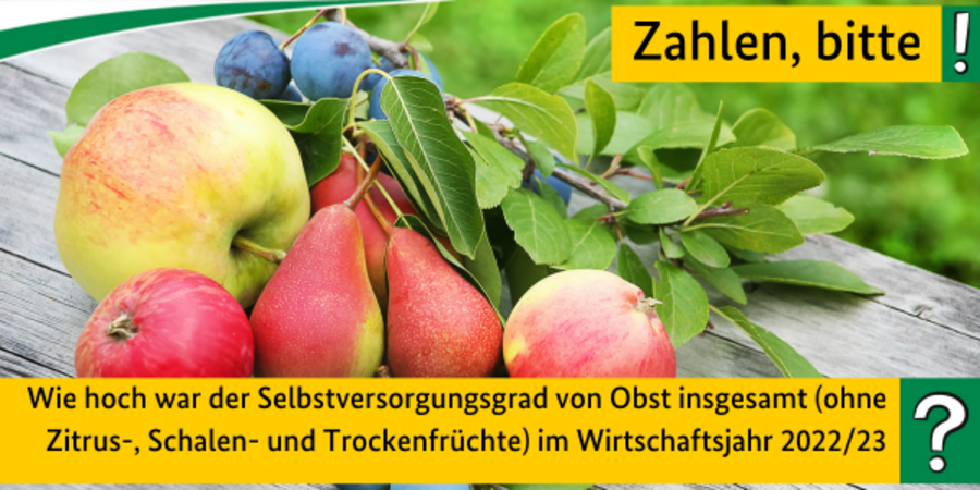 Im Hintergrund sind Äpfel, Birnen und Zwetschen zu sehen. Im Vordergrund steht die Frage: Wie hoch war der Selbstversorgungsgrad von Obst insgesamt (ohne Zitrus-, Schalen- und Trockenfrüchte) im Wirtschaftsjahr 2022/23?