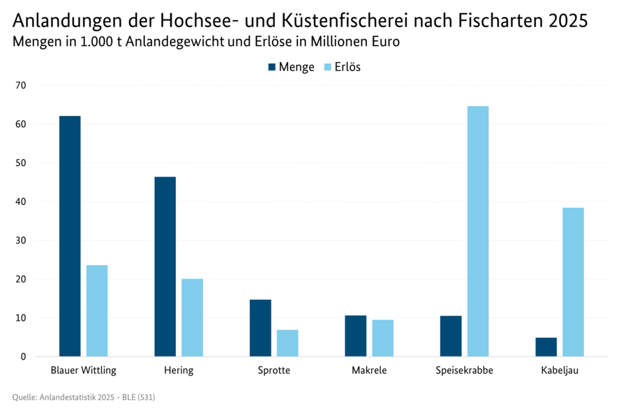 Säulendiagramm: Menge und Erlös nach Fischarten 2025 