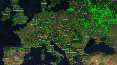 Zu sehen ist eine Satellitenkarte von Europa mit Waldbränden im April 2025