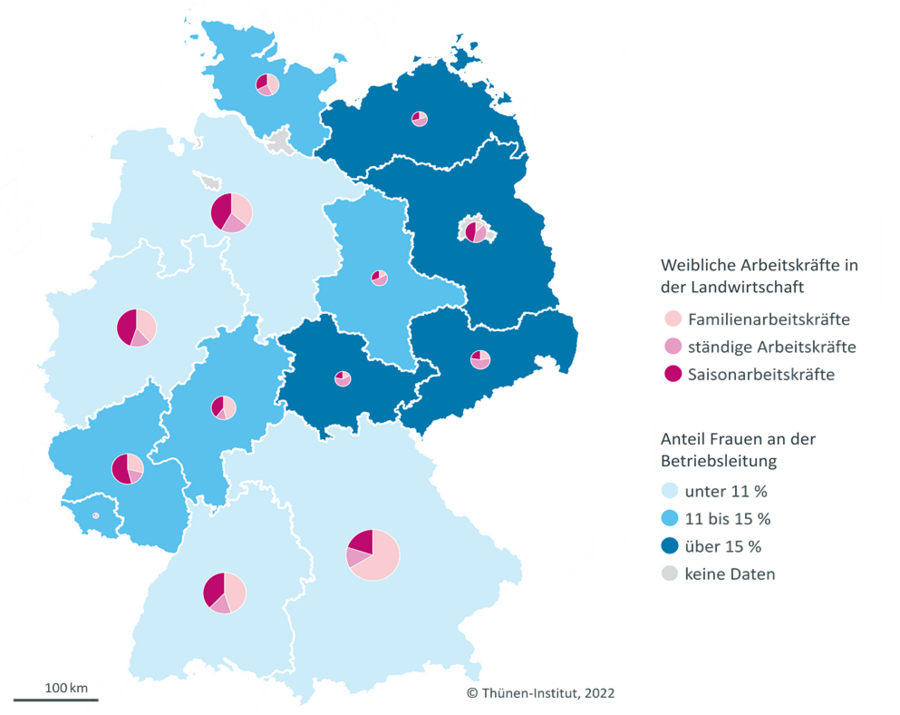 Deutschlandkarte mit Anteil Frauen als Arbeitskräfte in der Landwirtschaft