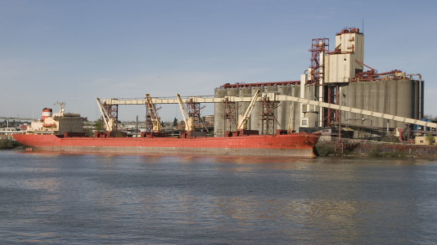 Frachtschiff wird mit Getreide beladen