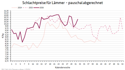 Liniendiagramm: Preisverlauf Schlachtpreise für Lämmer - pauschal abgerechnet