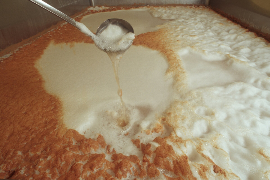 Schöpfkelle holt etwas Bier zur Kontrolle aus dem Bottich.