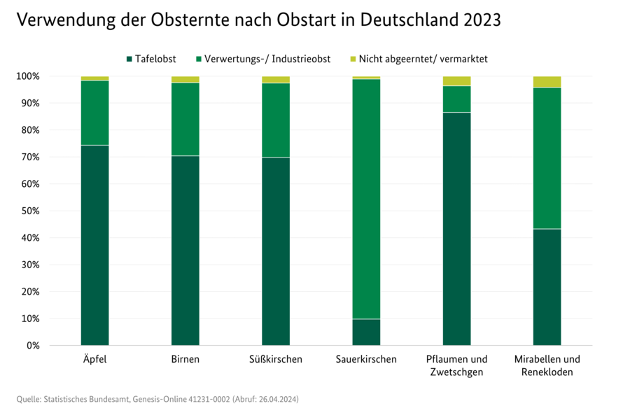 Gestapeltes Säulendiagramm: Verwendung der Obsternte nach Obstart in Deutschland 2023 in Prozent. 