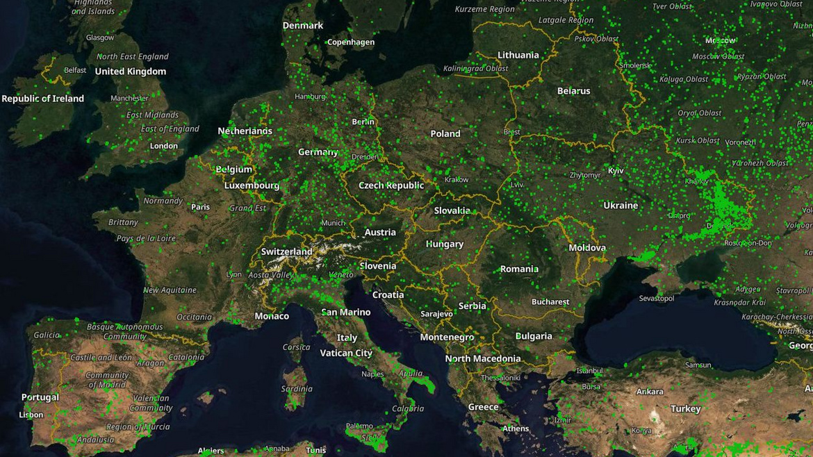 Zu sehen ist eine Satellitenkarte von Europa mit Waldbränden im Mai 2024