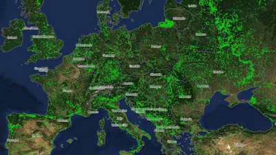 Zu sehen ist eine Satellitenkarte von Europa mit Waldbränden im April 2026