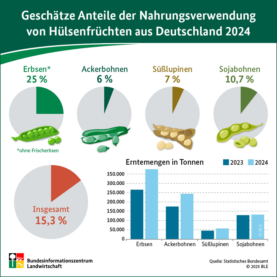 Infografik: Geschätzte Anteile der Nahrungsverwendung von Hülsenfrüchten in Deutschland 2024
