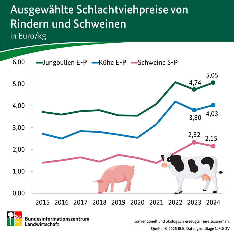 Infografik: Ausgewählte Schlachtviehpreise von Rindern und Schweinen