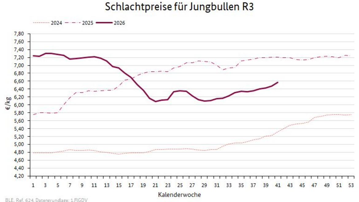 Liniendiagramm: Preisverlauf Schlachtpreise für Jungbullen R3