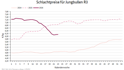 Liniendiagramm: Preisverlauf Schlachtpreise für Jungbullen R3