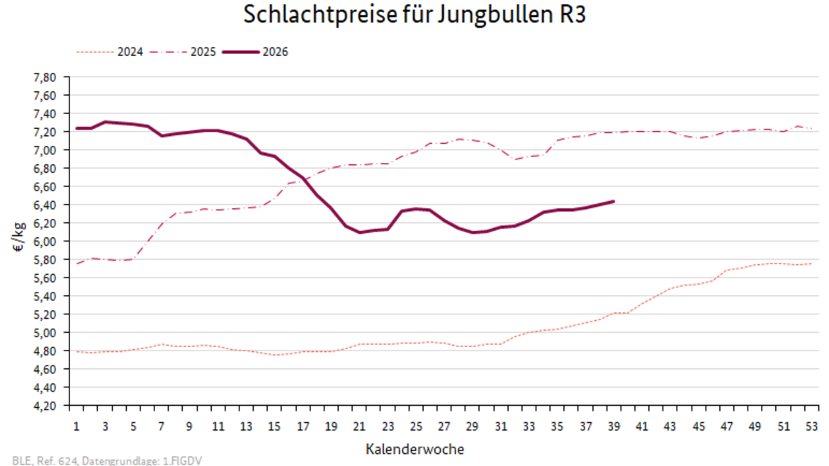Liniendiagramm: Preisverlauf Schlachtpreise für Jungbullen R3