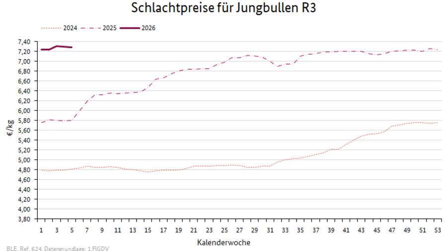Liniendiagramm: Preisverlauf Schlachtpreise für Jungbullen R3