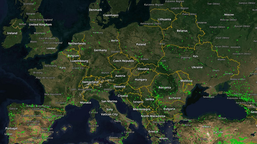 Zu sehen ist eine Satellitenkarte von Europa mit Waldbränden im Januar 2025