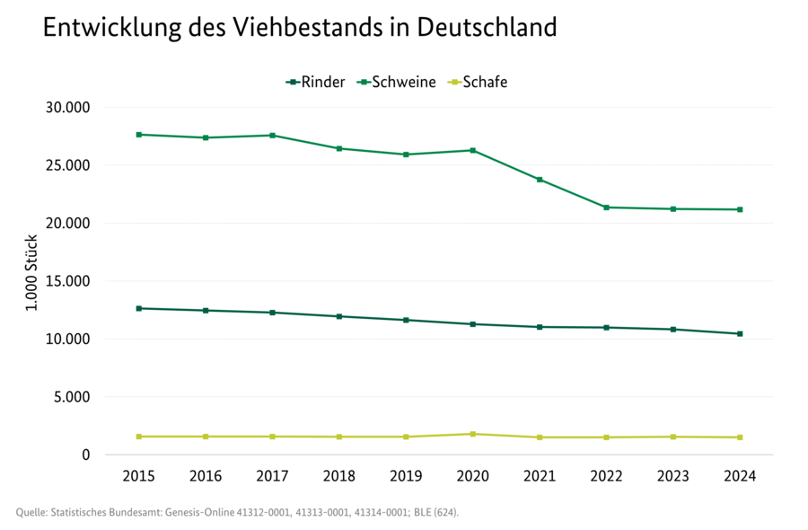 Liniendiagramm: Entwicklung des Viehbestandes (Schweine, Rinder, Schafe). Datenquelle: Tabelle 3100200-0000.