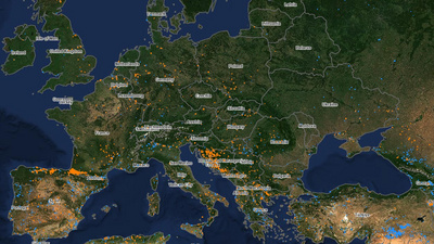 Zu sehen ist eine Satellitenkarte von Europa mit Waldbränden im Februar 2026