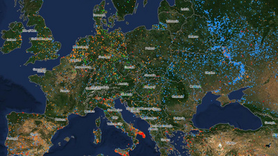Zu sehen ist eine Satellitenkarte von Europa mit Waldbränden im Mai 2026