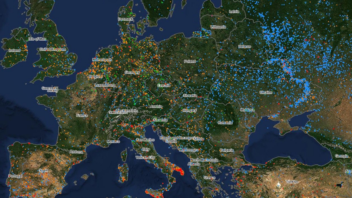 Zu sehen ist eine Satellitenkarte von Europa mit Waldbränden im Mai 2026