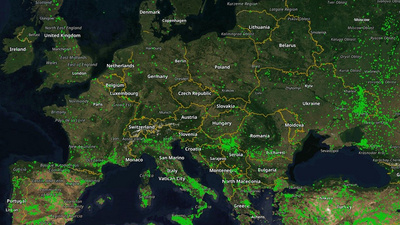 Zu sehen ist eine Satellitenkarte von Europa mit Waldbränden im Oktober 2025