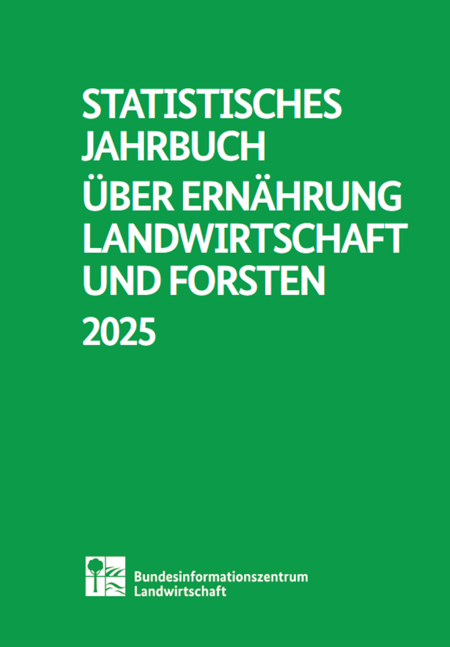 Titelseite des Statistischen Jahrbuchs 2025. Auf grünem Hintergrund steht in weißer Schrift: Statistisches Jahrbuch über Ernährung, Landwirtschaft und Forsten 2025