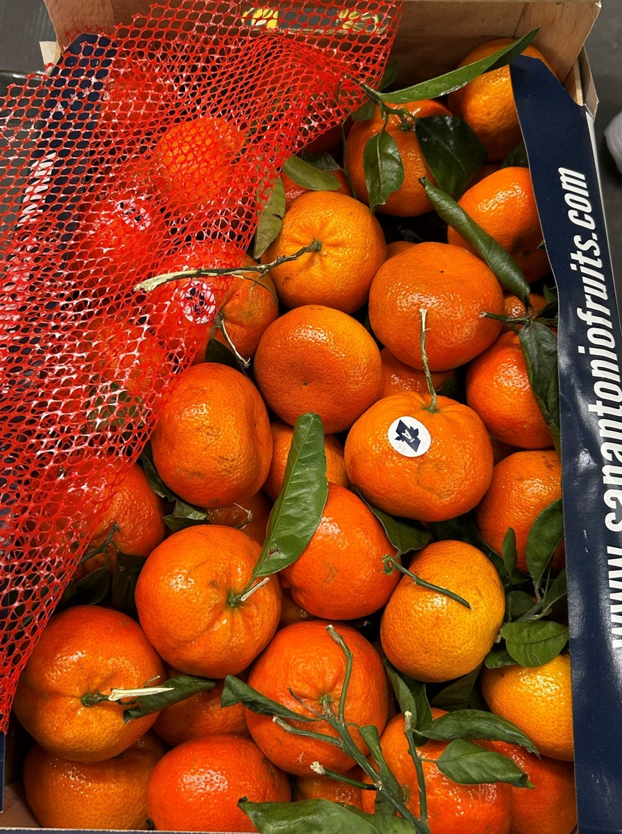 Mandarinen mit Blatt in einer Holzkiste