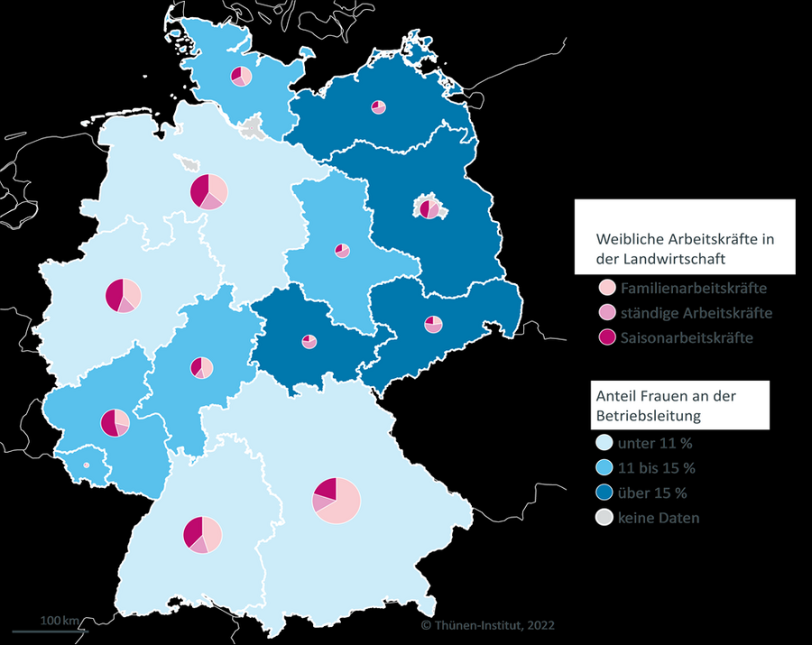 Deutschlandkarte mit Anteil Frauen als Arbeitskräfte in der Landwirtschaft