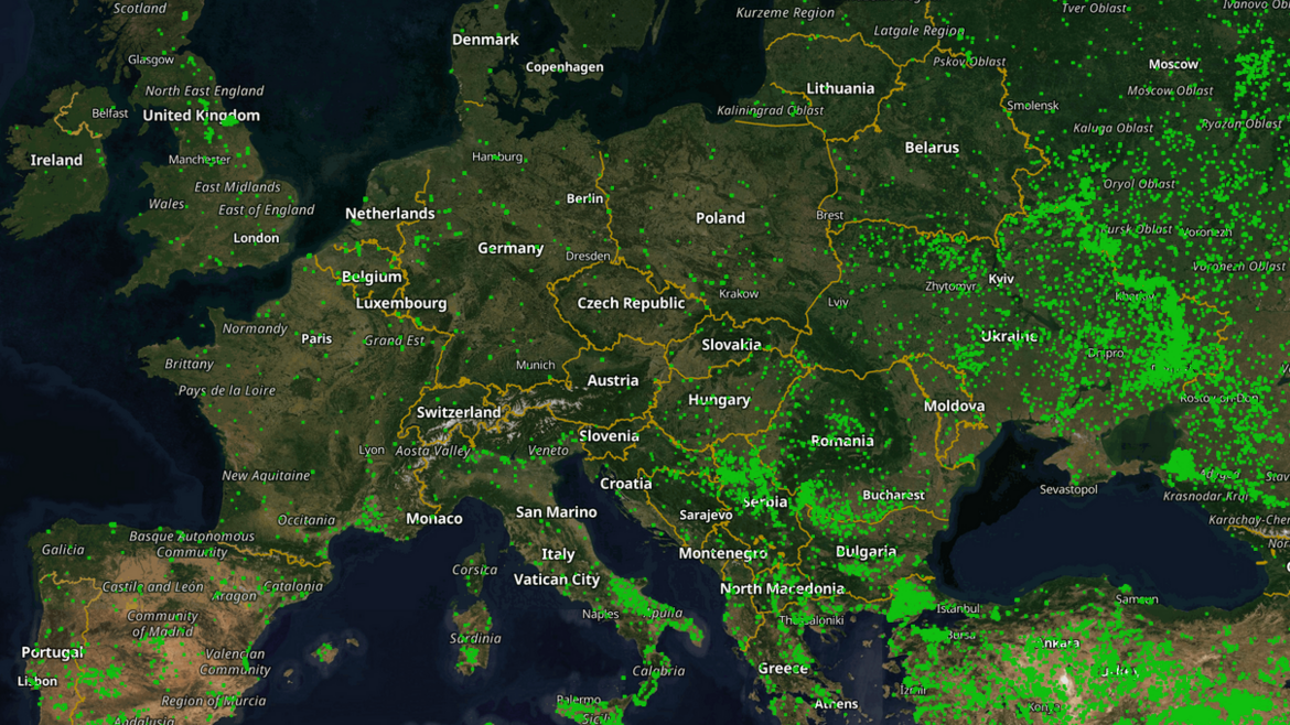 Zu sehen ist eine Satellitenkarte von Europa mit Waldbränden im November 2024