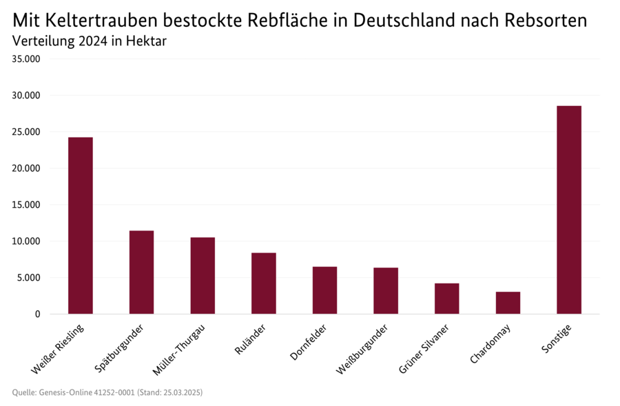 Säulendiagramm: Mit Keltertrauben bestockte Rebfläche in Deutschland nach Rebsorten.