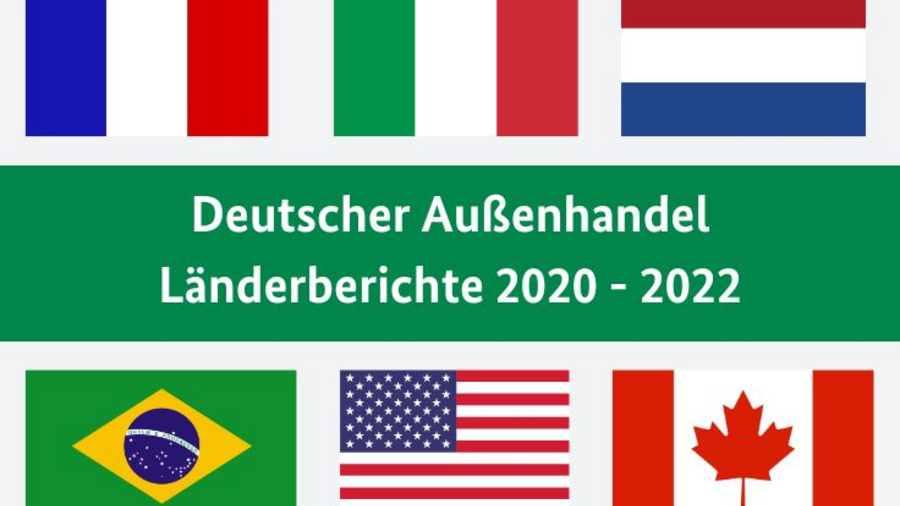 Titel: Deutscher Außenhandel: Länderberichte 2020 - 2022. Zu sehen sind die Flaggen von Frankreich, Italien, den Niederlanden, Brasilien, USA und Kanada.