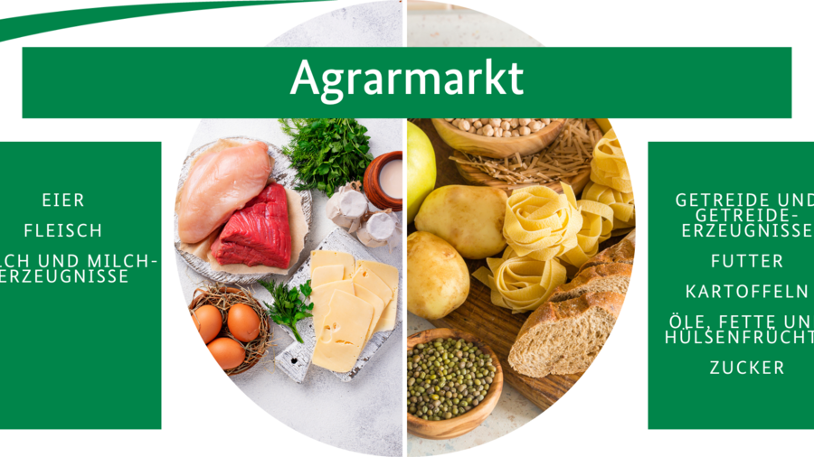 Infografik: Agrarmarkt mit den Bereichen Eier, Milch und Milcherzeugnisse, Fleisch, Getreide und Getreideerzeugnisse, Futter, Kartoffeln, Öle, Fette und Hülsenfrüchte sowie Zucker.
