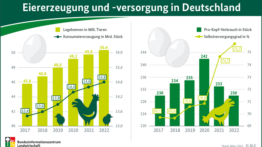 Linien-Säulendiagramm zur Eiererzeugung und Eierversorgung in Deutschland für den Zeitraum 2017 bis 2022. Informationen können aus der Tabelle Versorgungsbilanz Eier entnommen werden.