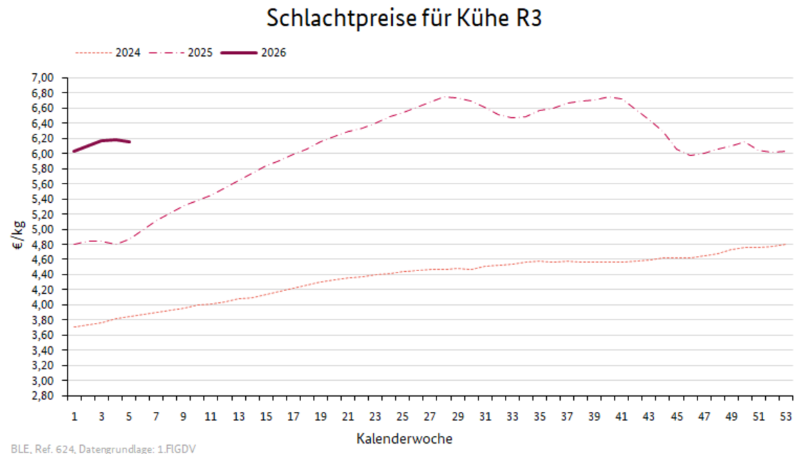Liniendiagramm: Preisverlauf Schlachtpreise für Kühe R3