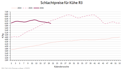 Liniendiagramm: Preisverlauf Schlachtpreise für Kühe R3