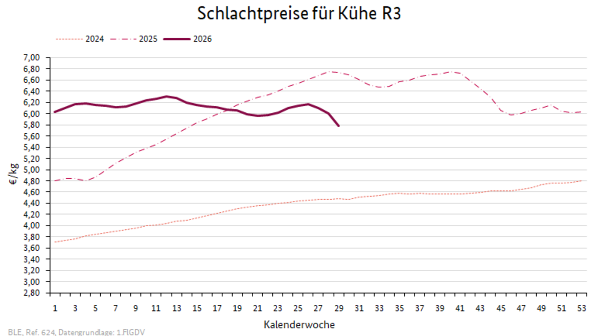 Liniendiagramm: Preisverlauf Schlachtpreise für Kühe R3