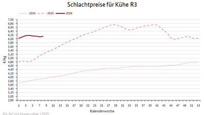 Liniendiagramm: Preisverlauf Schlachtpreise für Kühe R3