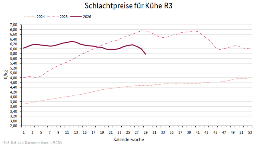 Liniendiagramm: Preisverlauf Schlachtpreise für Kühe R3