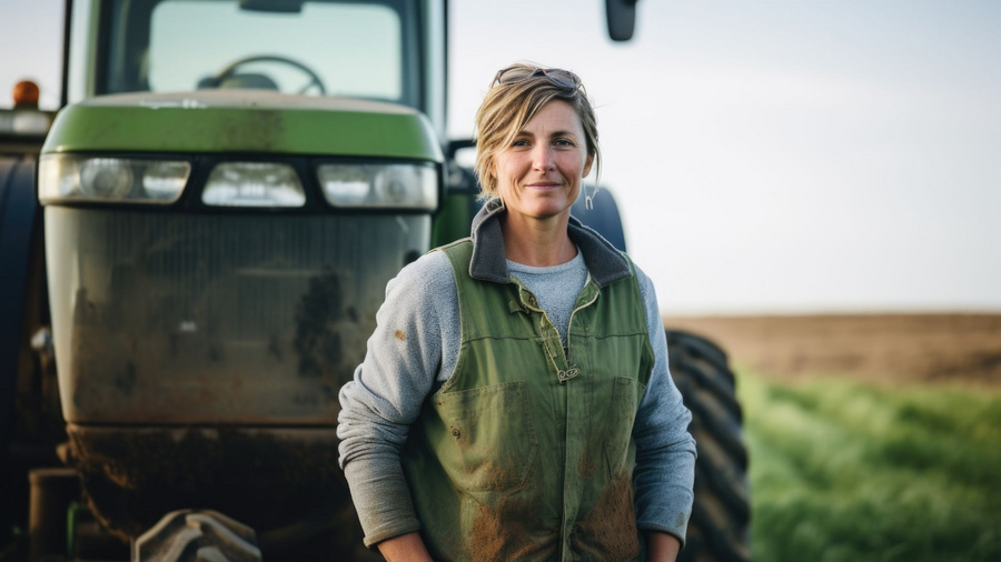 Frau steht vor einem Traktor, im Hintergrund ist ein Feld zu sehen.