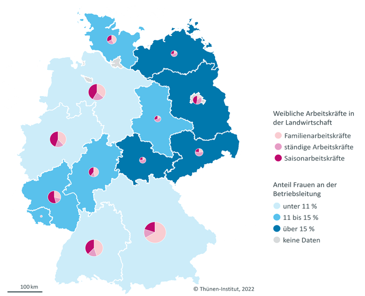 Deutschlandkarte mit Anteil Frauen als Arbeitskräfte in der Landwirtschaft