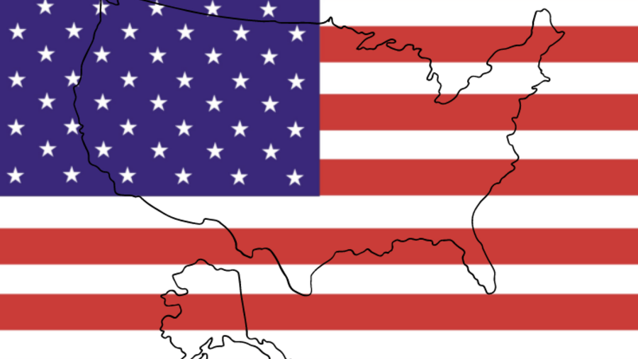 Fahne der USA mit Umriss des Landes