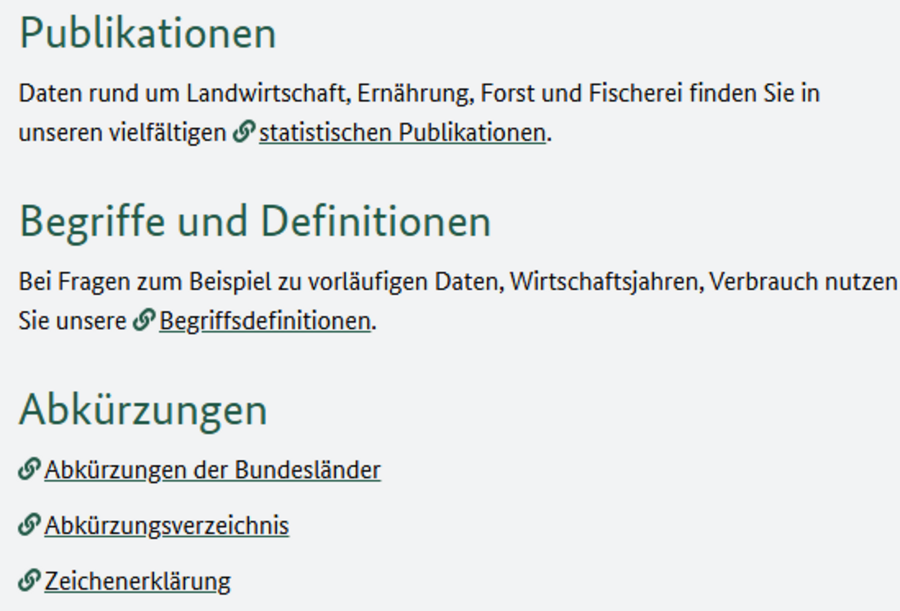 Screenshot Publikationen, Begriffe und Definitionen und Abkürzungen.