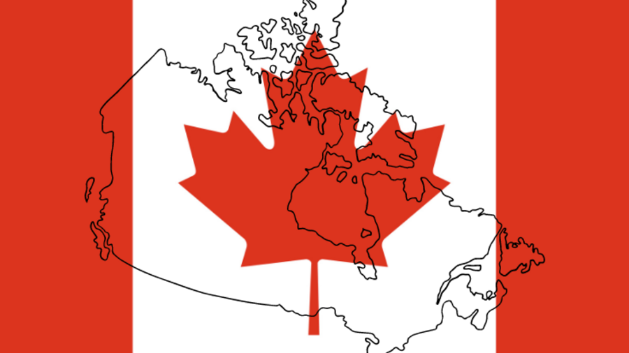 Nationalflagge von Kanada mit dem Umriss des Landes