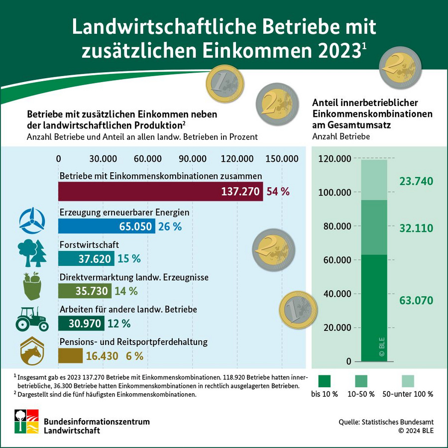 Infografik: Landwirtschaftliche Betriebe mit zusätzlichen Einkommen 2023 (Diversifizierung des Einkommens)