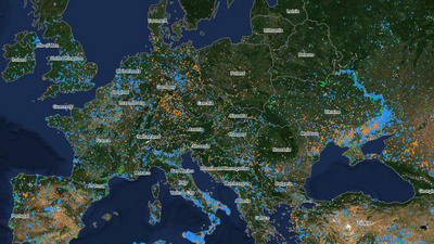 Zu sehen ist eine Satellitenkarte von Europa mit Waldbränden im Juli 2026